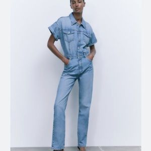 ZARA WOMAN DENIM SHORT SLEEVE JUMPSUIT BLUE Size S | 8197/117/400 NWT